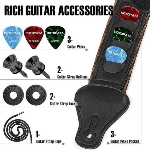 Guitar Strap Black Cotton Adjustable PU Leather Ends Picks Locks Buttons Set - Picture 4 of 7